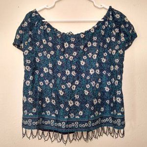 Blue Floral Beaded Crop Top Shirt